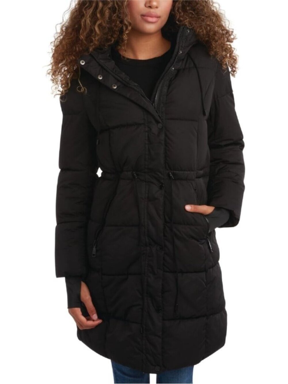 Women's Black Cozy Attached Hood Quilted Insulated Warmth Long Puffer Jacket